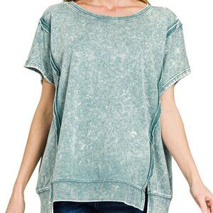 Zenana French Terry Acid Washed Short Sleeve HI-LOW Top Ash Blue